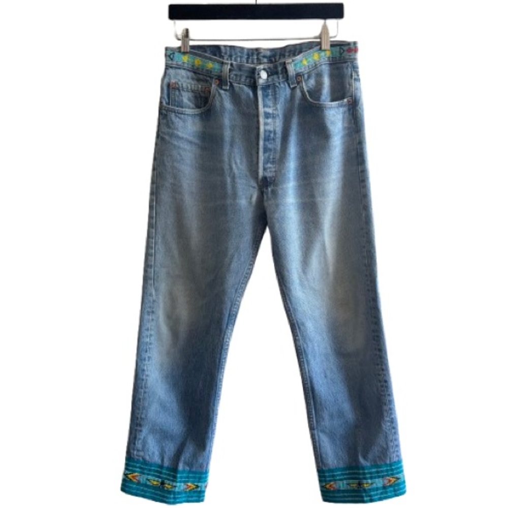 Levi's Light Blue Straight Leg Jeans with Teal Embroidered Cuff